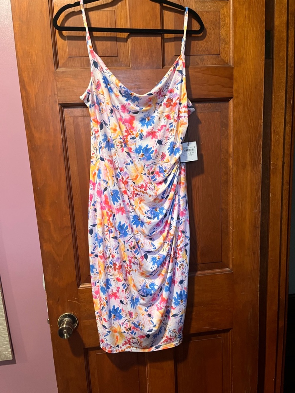 NWT Laundry By Shelli Segal Pink Multi Floral Cowl Slip Midi Dress